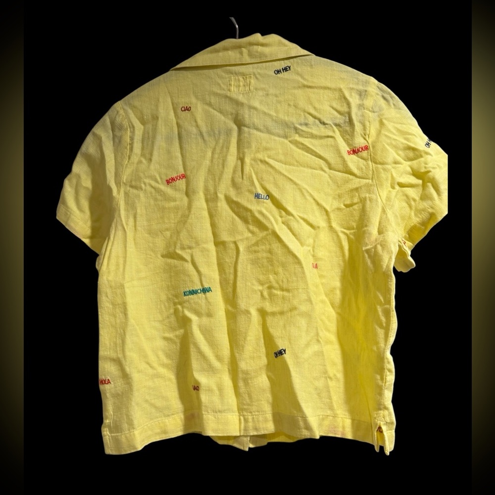 Marine Layer Yellow Top with Colorful Greeting words. Gently Used. - Picture 3 of 9